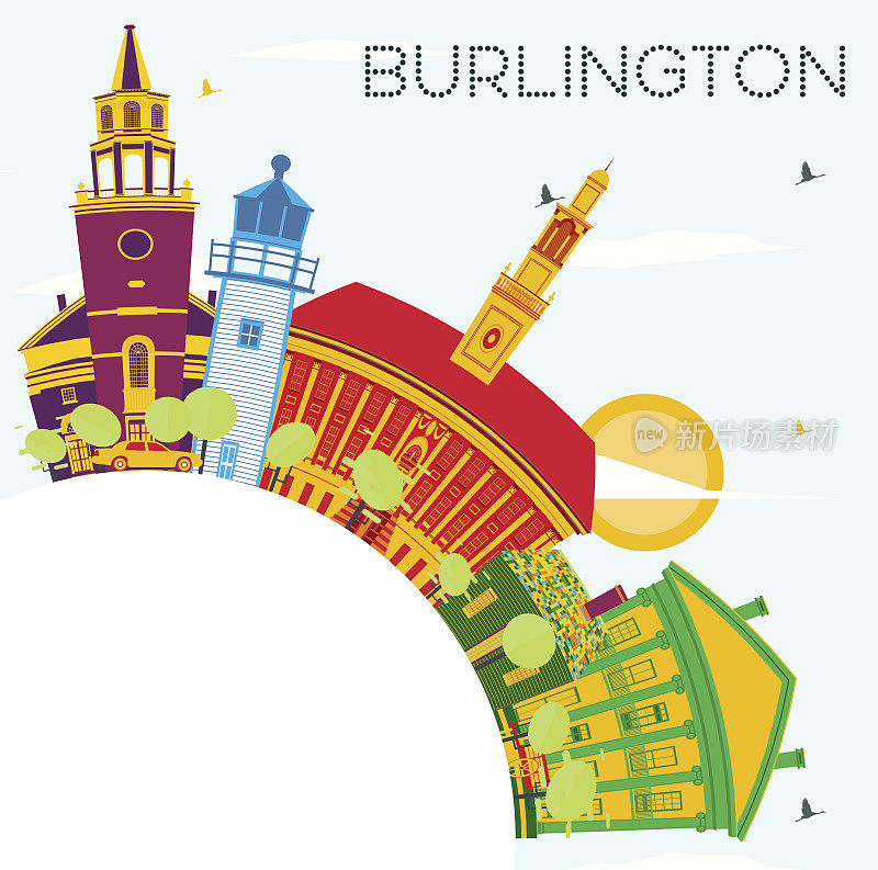 Burlington Skyline with Color Buildings, Blue Sky and Copy Space。